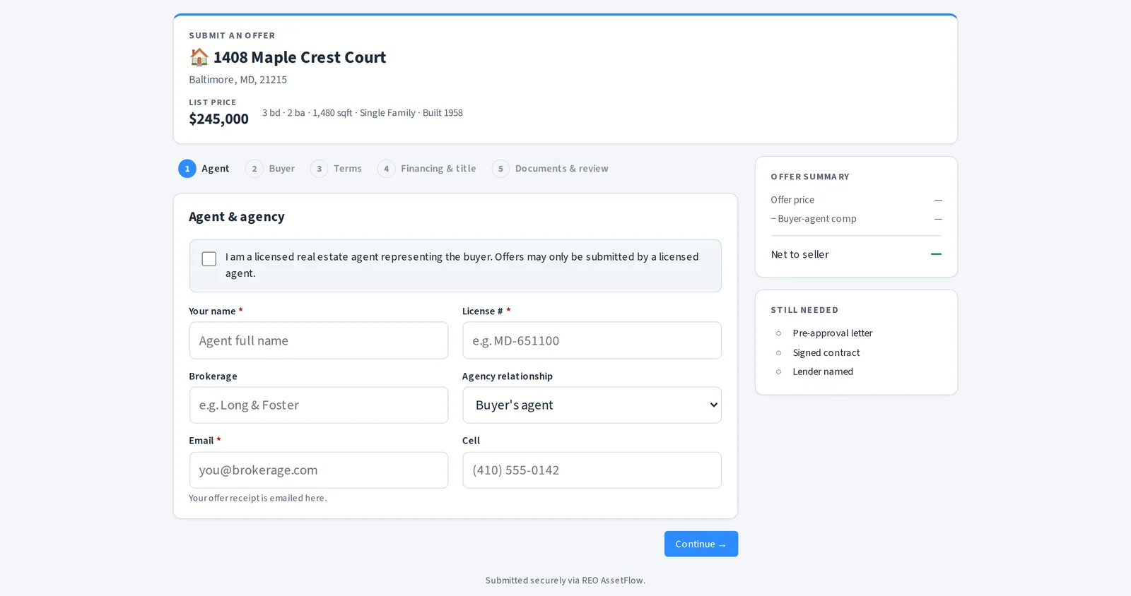 The public offer page a buyer's agent fills in, with no login