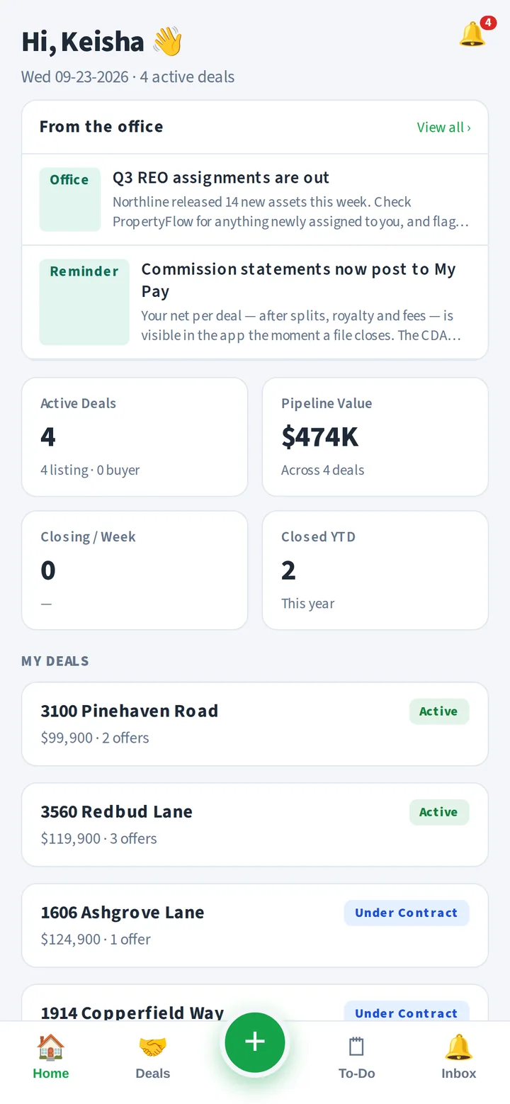 AgentFlow on a phone: the agent's active deals and their offers