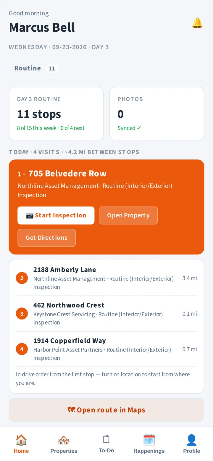 FieldFlow on a phone: the inspector's stops for the day in driving order