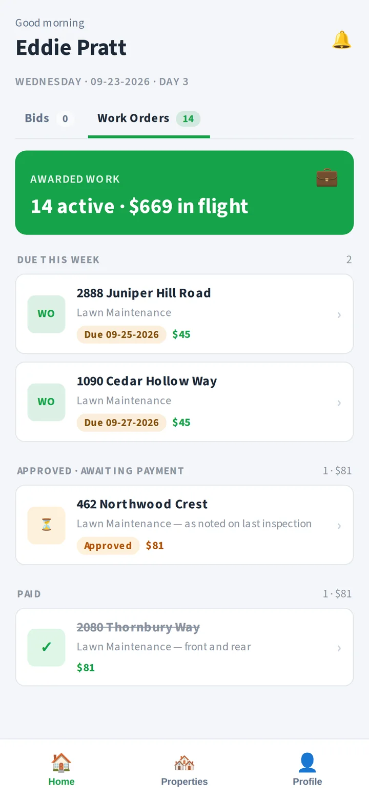FieldFlow on a vendor's phone: work orders due this week, approved and paid